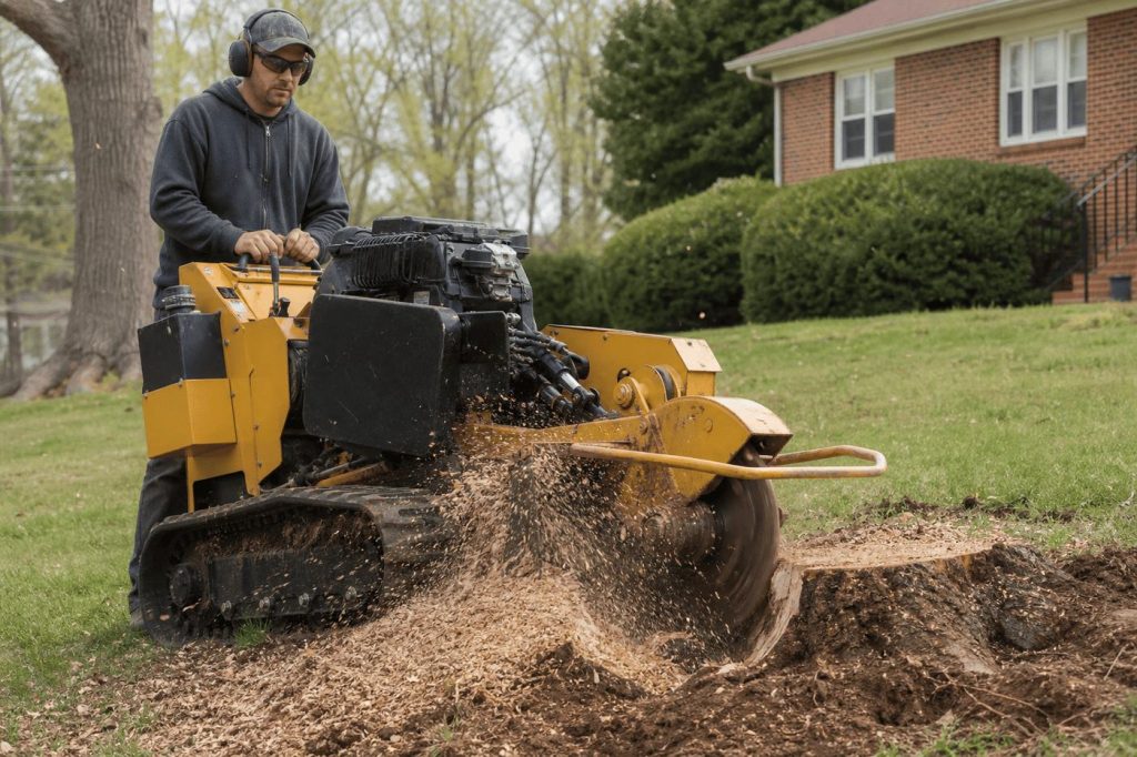 Stump grinder removing a stump below grade in Pittsylvania County VA
