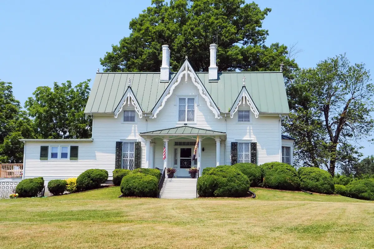 Sharswood, a Gothic Revival house with a green metal roof in Gretna, Virginia