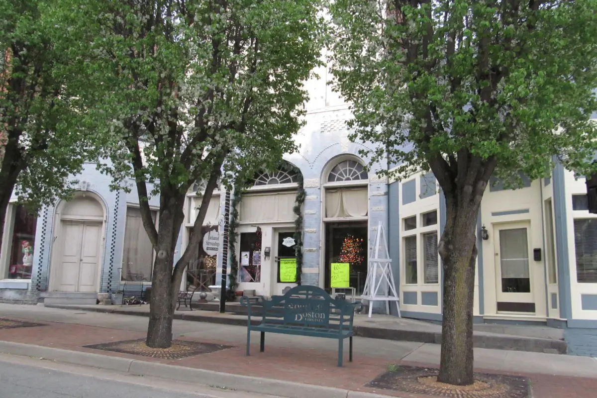 Tree-lined storefronts on Main Street in South Boston, Virginia
