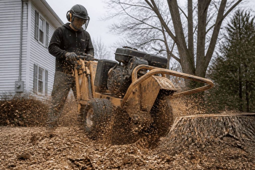 Crew clearing storm debris into a chipper on a wooded lot in Yanceyville, North Carolina
